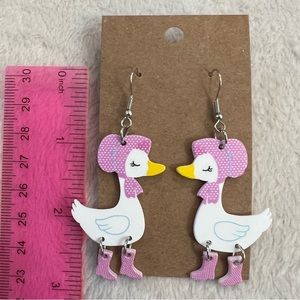 Pink duck goose in bonnet and boots dangle earrings
